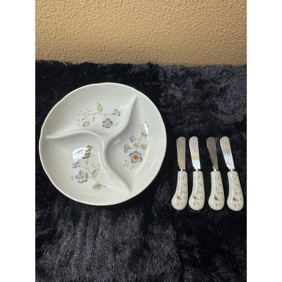Lenox Butterfly Meadows Divided Serving Plate  4 Spreaders Knives - Picture 1 of 11